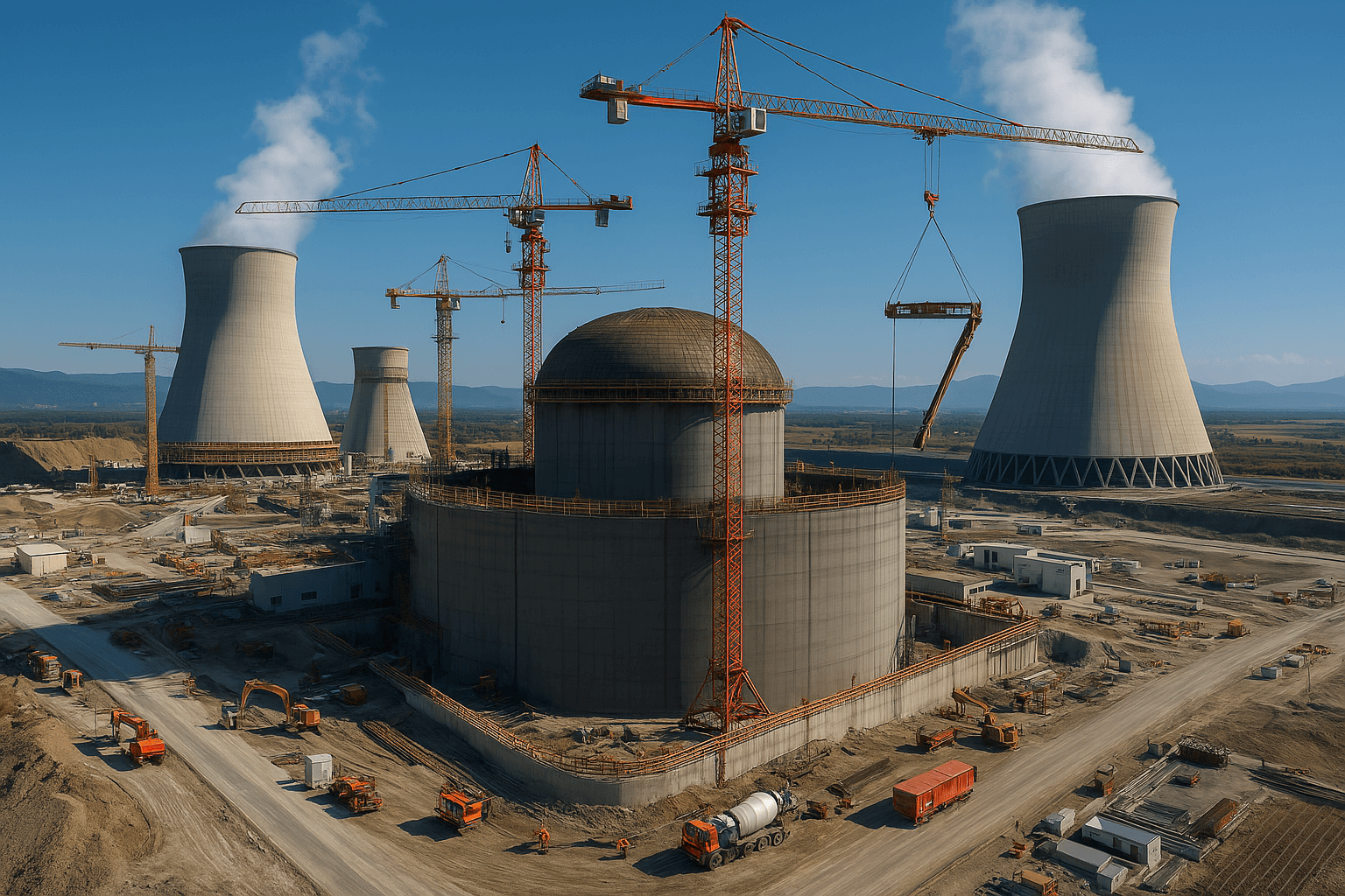 Nuclear power plant construction site with cranes, cooling towers, and heavy machinery, highlighting the need for graphene-enhanced concrete for structural durability and thermal resistance in energy infrastructure.