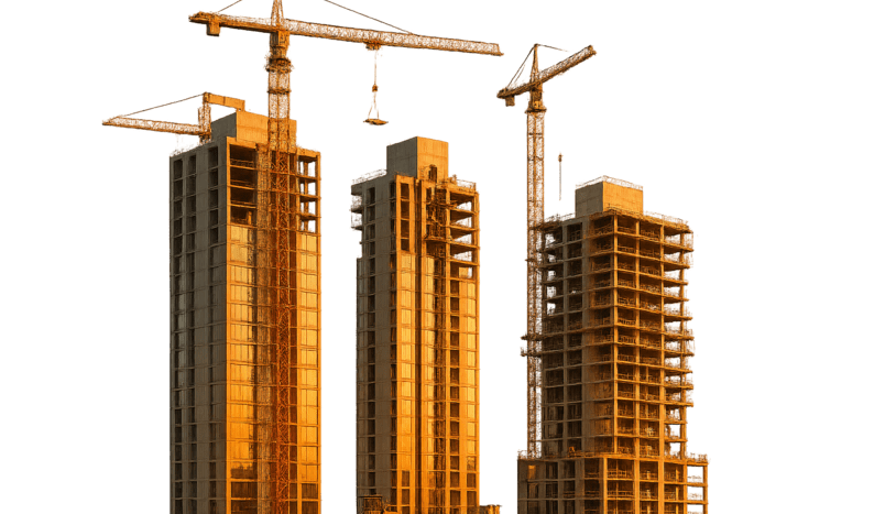Construction site featuring three tall buildings under construction with cranes, symbolizing innovation in graphene-enhanced concrete solutions for modern infrastructure projects.