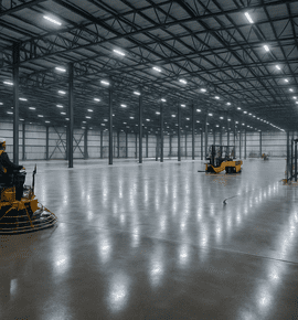 Warehouse interior with polished concrete floor, construction equipment in use, showcasing advanced graphene concrete application for industrial settings.