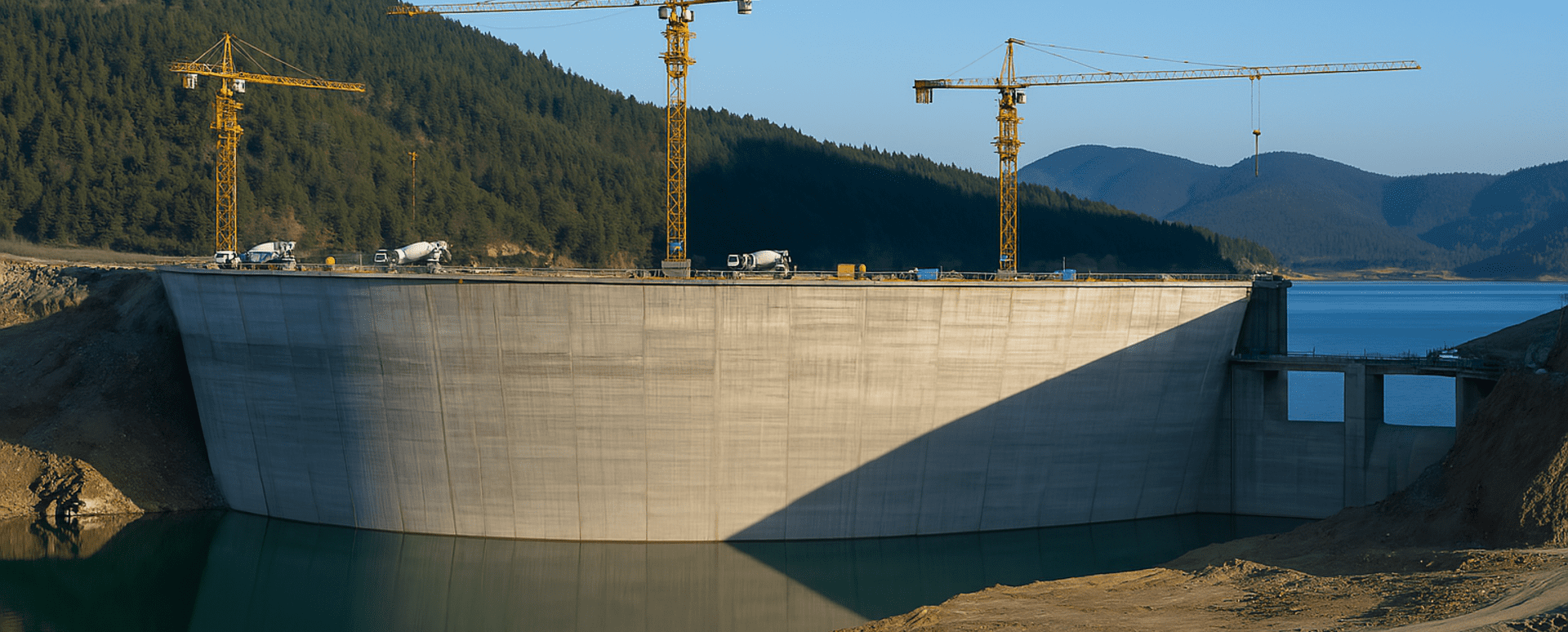 Construction of a dam with cranes and concrete mixers, highlighting innovative infrastructure for water management using advanced materials.