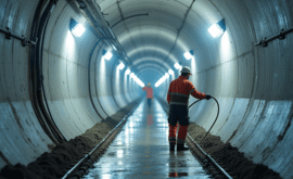 Worker in safety gear applying graphene-enhanced concrete in a well-lit construction tunnel, showcasing innovative construction techniques and advancements in material application.