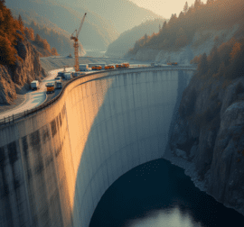 Construction site of a large dam showcasing advanced engineering techniques, with trucks and a crane, emphasizing innovative infrastructure development.