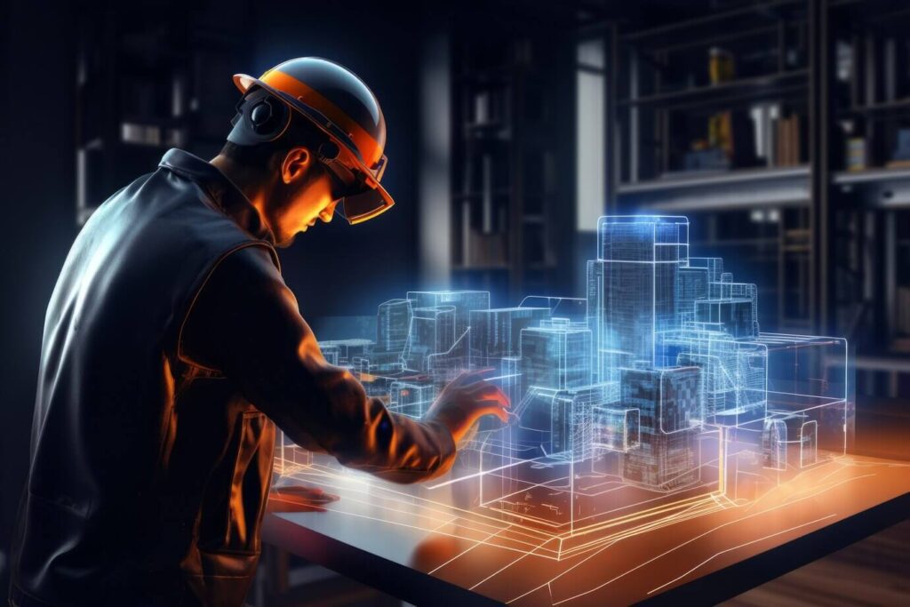 Person wearing a hard hat and safety goggles interacting with a holographic model of a cityscape, illustrating advanced construction technology and innovation in the context of graphene-enhanced concrete applications.